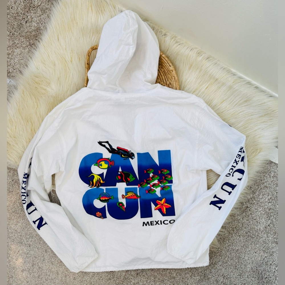 Vintage Cancun Mexico White Tropical Neon Retro Windbreaker Jacket Size Small